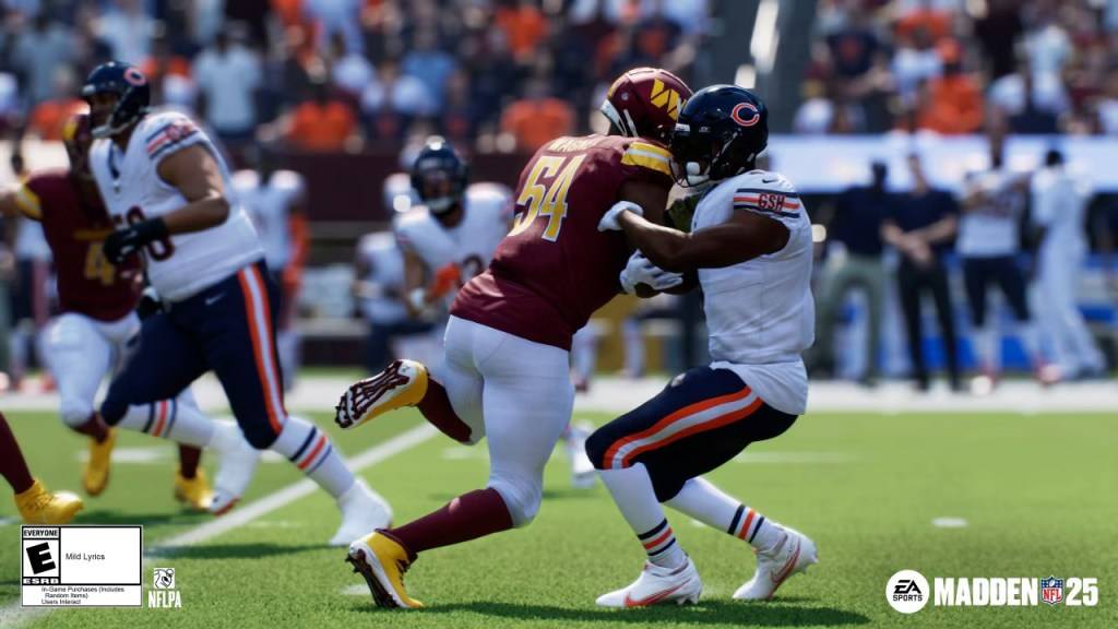 Bobby Wagner making a tackle in Madden 25 as part of an article about free agent ratings.