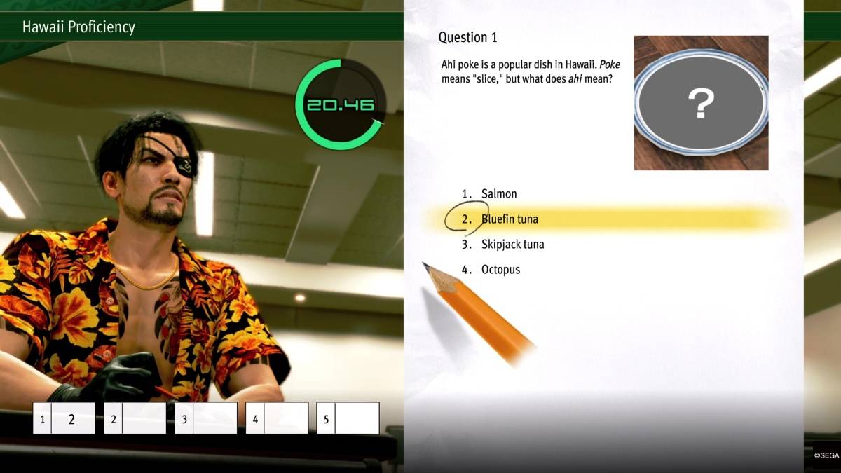 LAD: Pirate Yakuza sa Hawaii Gameplay na nagpapakita ng isa sa mga sagot sa bokasyonal na paaralan ng Ounabara sa Hawaii Proficiency