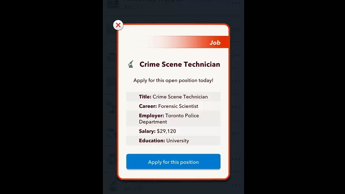 Trabalho técnico em cena do crime no bitlife