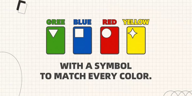Una carta verde con un triangolo, una carta blu con un quadrato, un cartellino rosso con un cerchio e un cartellino giallo con una stella
