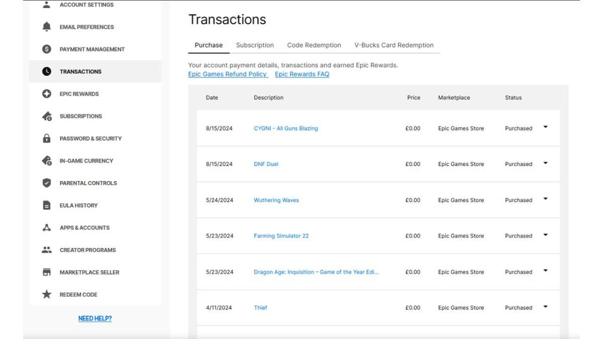 Epic Games transactions page