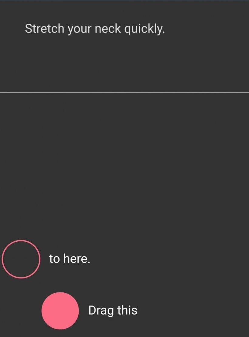 A gray game screen with a prompt at the top to Stretch Your Neck Quickly, while a pink ball says to drag it to a small cutout