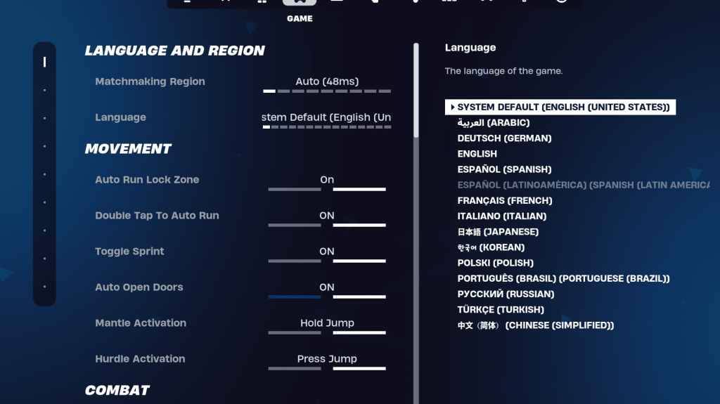 Impostazioni di gioco Fortnite