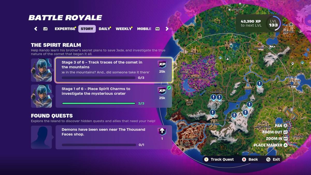 Vị trí bản đồ cho dấu vết của sao chổi ở Fortnite.