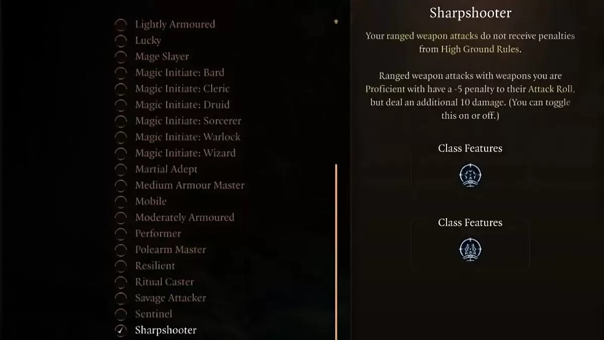 Sharpshooter feat in Baldur's Gate 3