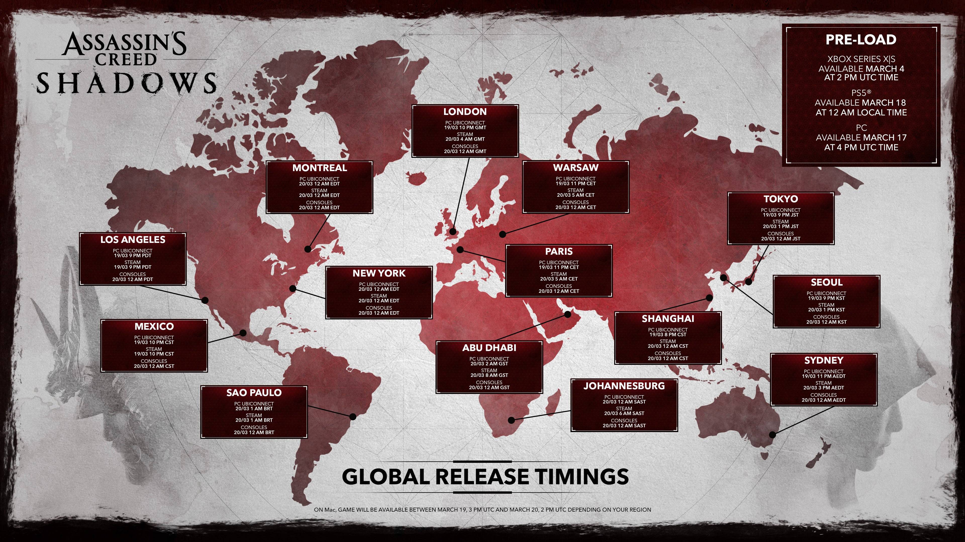 Assassin’s Creed Shadows: Global Release Schedule Revealed