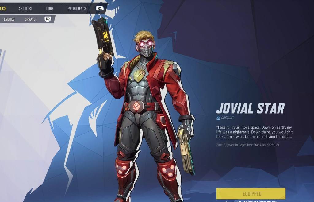 Star-Lord in seiner fröhlichen Sternhaut auf dem Auswahlmenü als Teil eines Artikels über Free Marvel Rivals Skins.