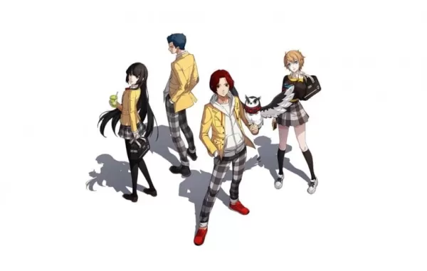 Zdjęcie uczniów z Persona 5: Phantom X w żółtych kurtkach kanaryjskich