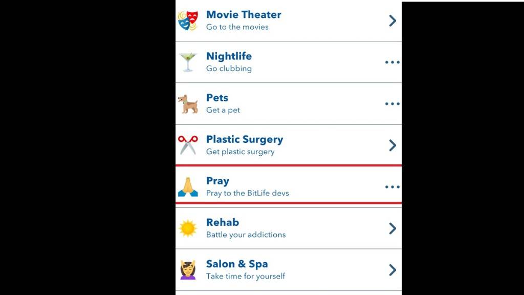 Optie om te bidden in Bitlife Activity Menu