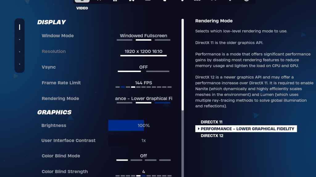 Impostazioni display Fortnite
