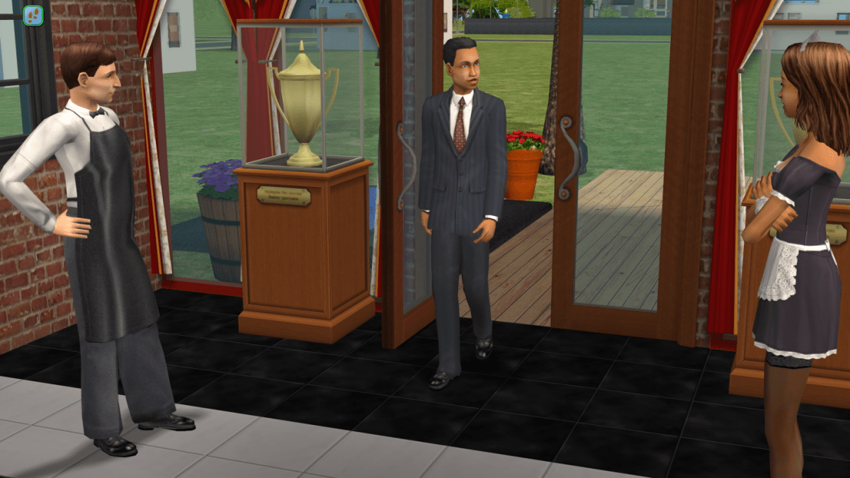 Isang character na naglalakad sa isang restawran sa Sims 2 bilang bahagi ng isang artikulo tungkol sa mga cheats.